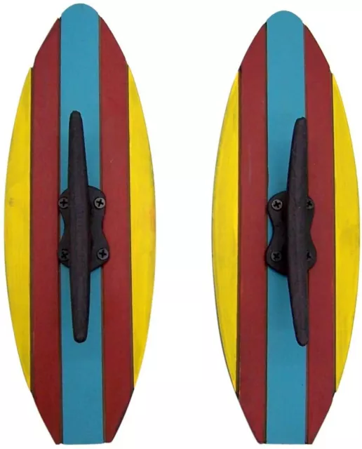 Red Yellow Blue Wood and Cast Iron Surfboard Wall Hooks, Set of 2, 12" |Nautical