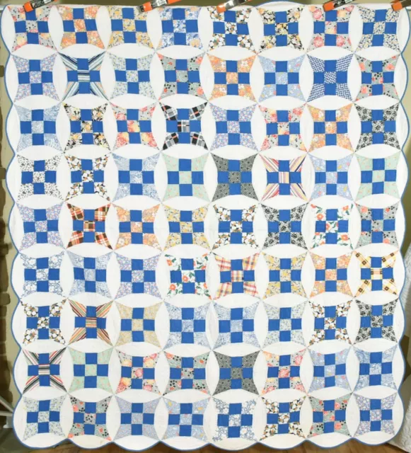 BEAUTIFUL Vintage 30's Improved 9-Patch Antique Quilt ~Nice Blue Accents!