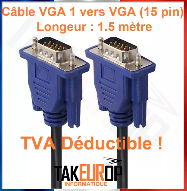 Câble VGA 1,5M Male a Male Pour Ecran PC Moniteur TFT Vidéo Projecteur DB15 Neuf