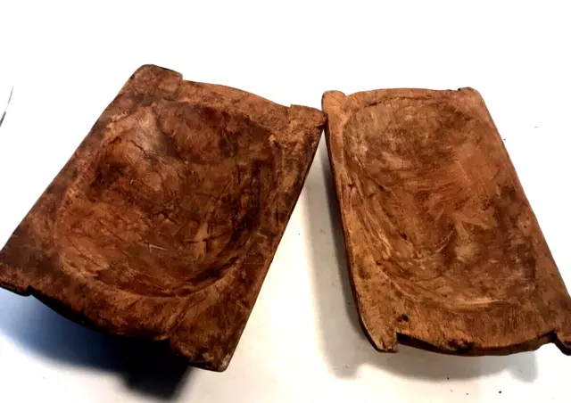 Wood Bowls Hand Carved Dough Bowl Primitive Wooden Grain Servers Pair: