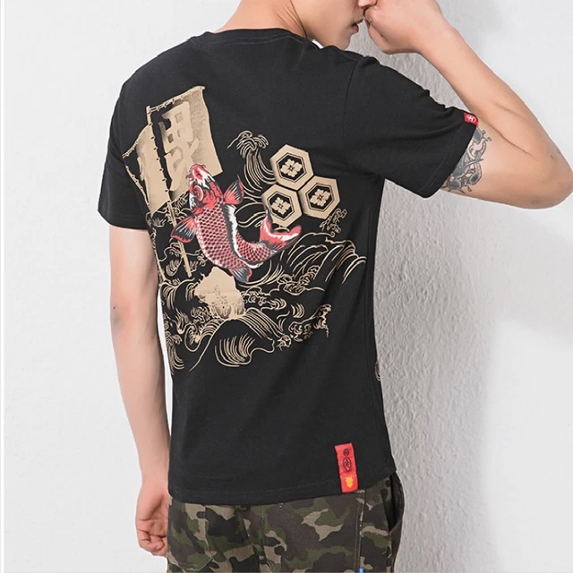 Uomo T-Shirt Giapponese Koi Carpa Pesce Ukiyoe Onda Tattoo Slim Rétro Estate Top