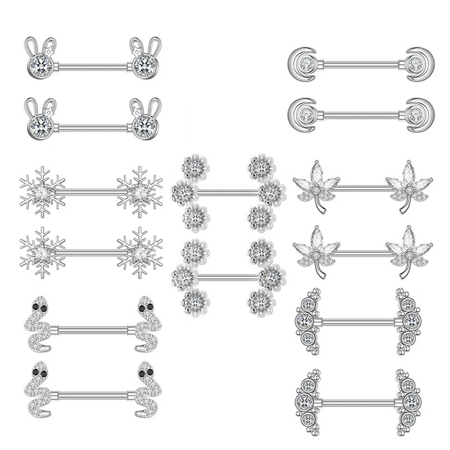 2Pcs Flower Leaf Nipple Piercings Barbell Stainless Steel Crystal Nipple RiSA