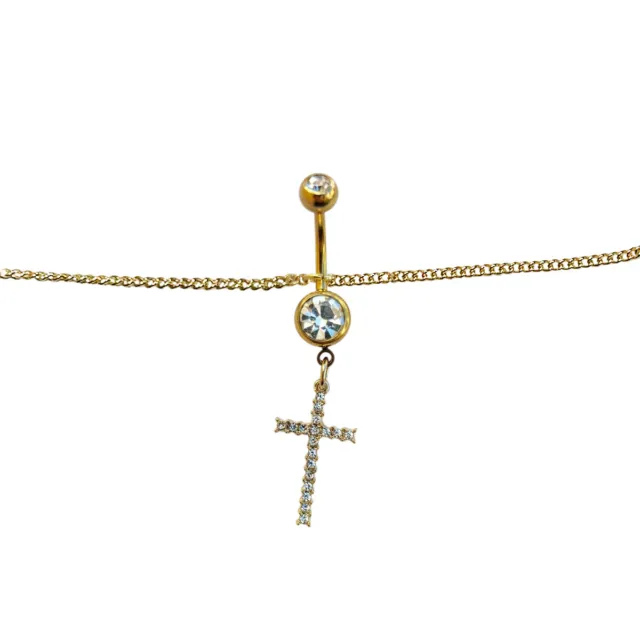 Belly Chain Navel Ring Gold Plated Waist with Dangle Paved Cross Charm 14G