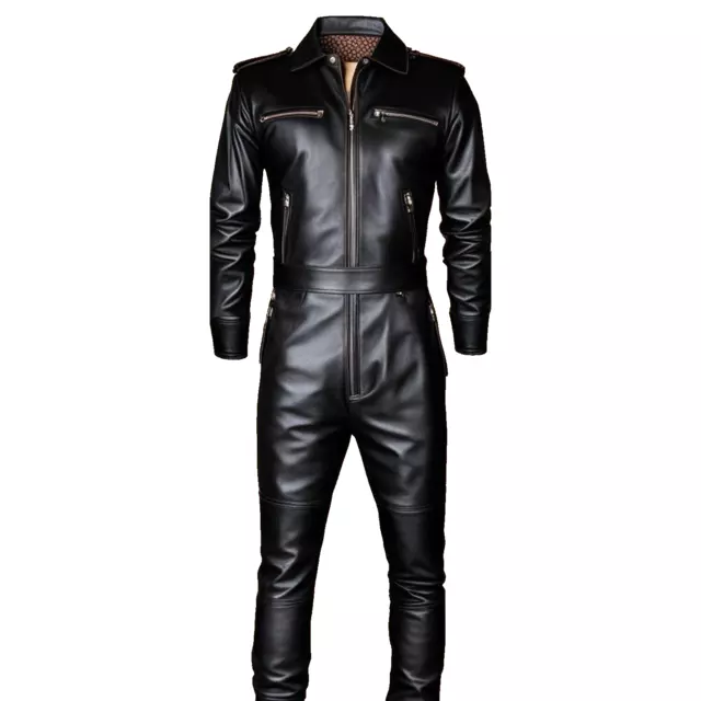 Men Genuine Soft Leather Black Catsuit Overall Bodysuit Jumpsuit front zipper