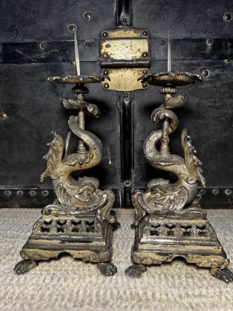Vintage Tiffany & Co. Silver Bronze Candlesticks Serpent Dolphin Ocean Koi Fish