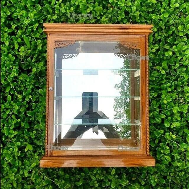 WALL WOOD & Glass Teak Curio Handmade Carved Shadow Box Display