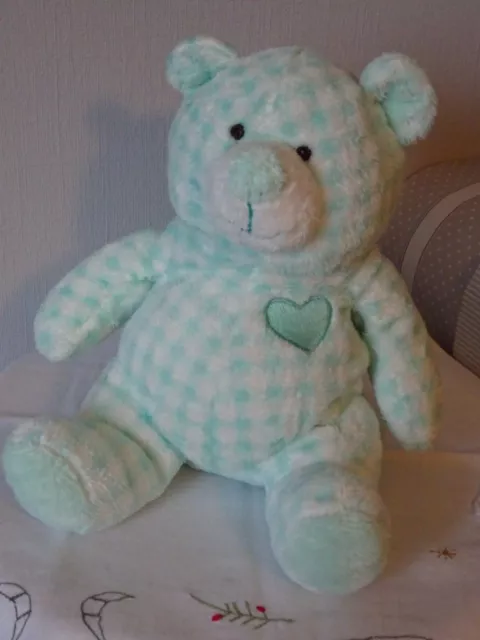Doudou Ours Hochet 20 Cm Ajena Peluche Vichy Vert Menthe Et Blanc