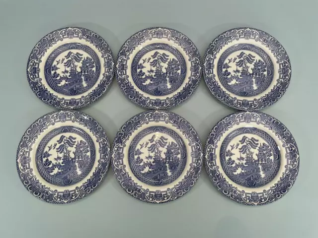English Ironstone Old Willow 6 Side Plates - Vintage Blue & White
