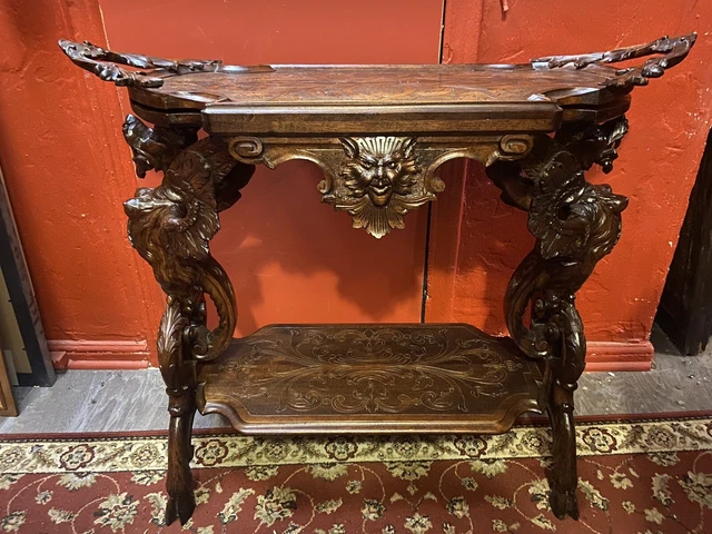 Antique 19th Century Wood Carved Table Devil Gargoyle Dragons Gothic Renaissance