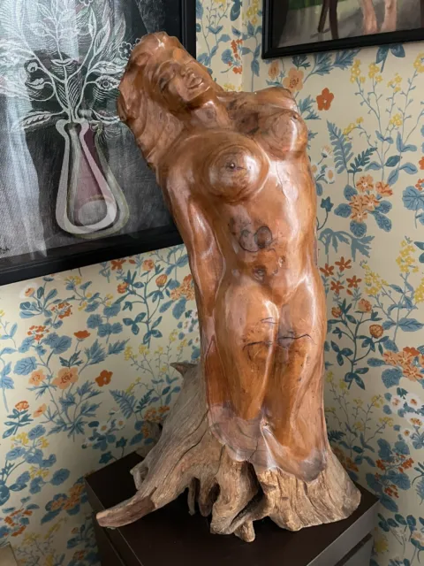Vintage LARGE Hand Carved Wood Nude Female Form Sculpture 23” Tall Solid Piece