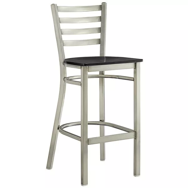 Clear Coat Ladder Back Metal Restaurant Bar Stool With Black Wood Seat