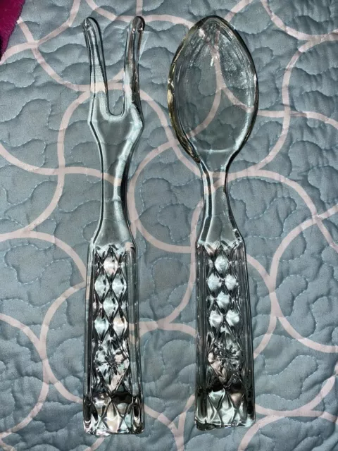 Anchor Hocking Wexford Pattern Glass Fork and Spoon Salad Serving Set