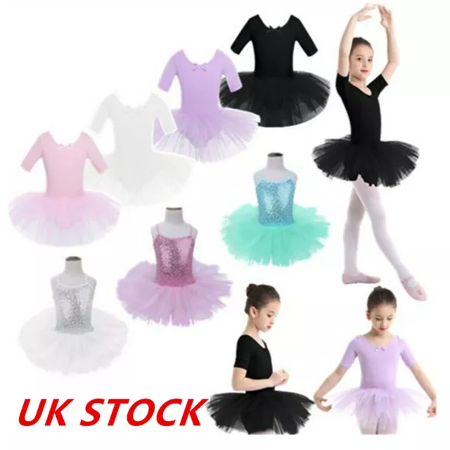 UK Kid Girl Short Sleeve Tulle Ballet Dance Dress Gym Leotard Tutu Skirt Costume