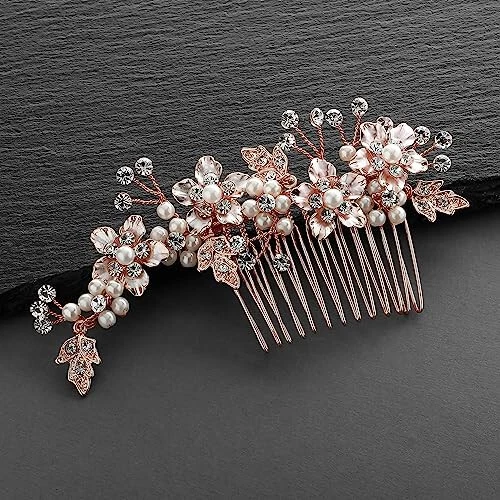 Mariell Handmade Brushed Rose Gold and Ivory Pearl Wedding Comb - Crystal Jewele