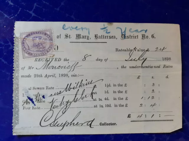 1898 receipt St Mary Battersea District rates Mr Moncrieff