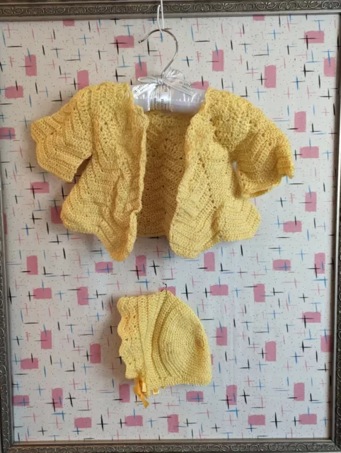 Vintage Infant Hand Knit/Crochet Sweater Cardigan with Bonnet Yellow 1950s