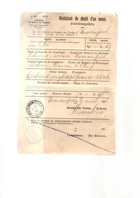 Luxemburg  Récépissé de dépot d'un envoi de 1906