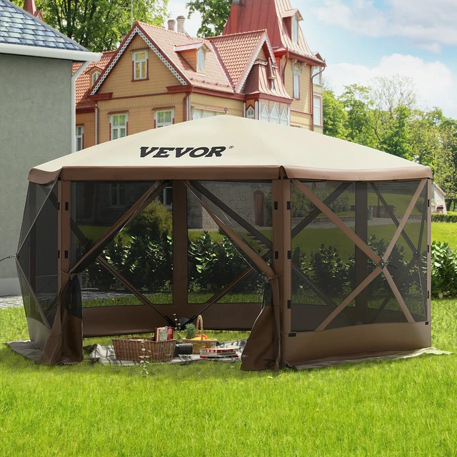 10x10 Ft Pop-Up Camping Gazebo With Screened Walls - Hexagon Sun Shade, Waterproof