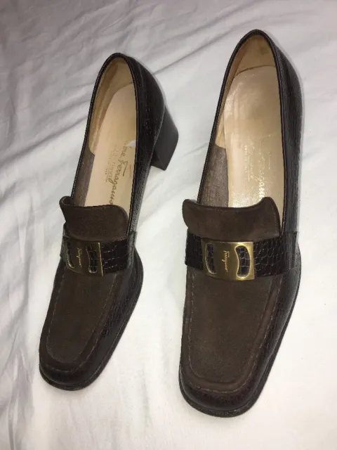 Salvatore Ferragamo Italy Women's Leather Suede Loafers Shoes Buckle Heels 10 A