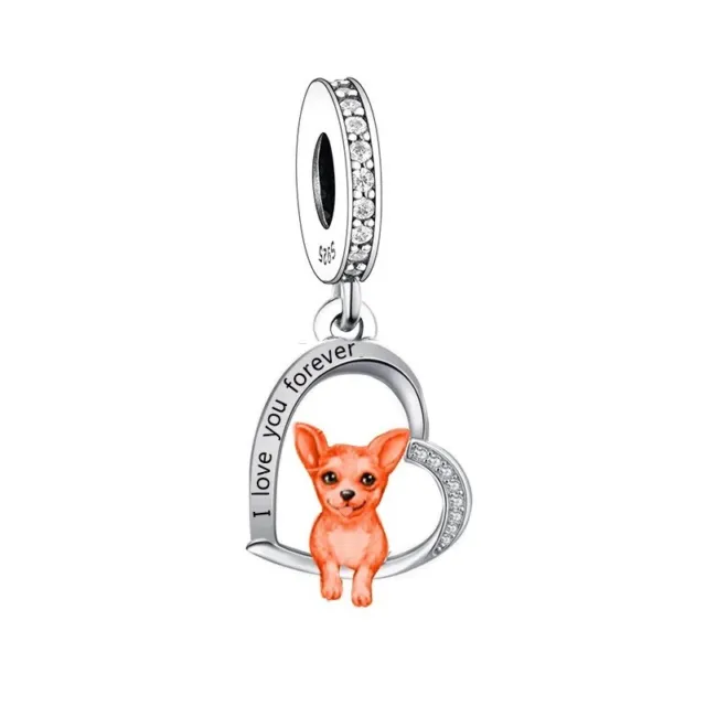 Chihuahua Dog Charm Love You Forever 925 Sterling Silver Heart Pendant