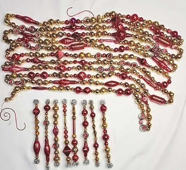 ✨️🌹*Super Glam* Red n Gold 11.5' Vtg Mercury Glass Garland W 8 Icicle Ornies 4"