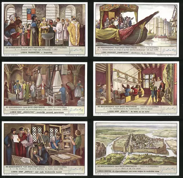 6 Sammelbilder Liebig, Serie Nr. 1549: De Geschiedenis van Onze Provincies, Oos