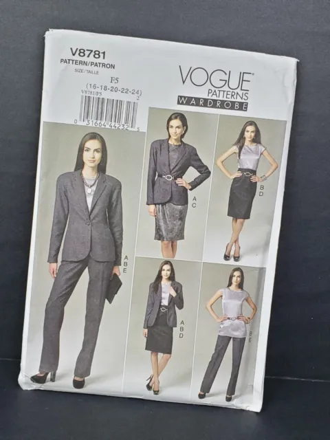 Chaqueta Túnica/Vestido Vogue 8781 Misses Falda a la Rodilla Pantalones Patrón Plus 16-24 Sin Cortar