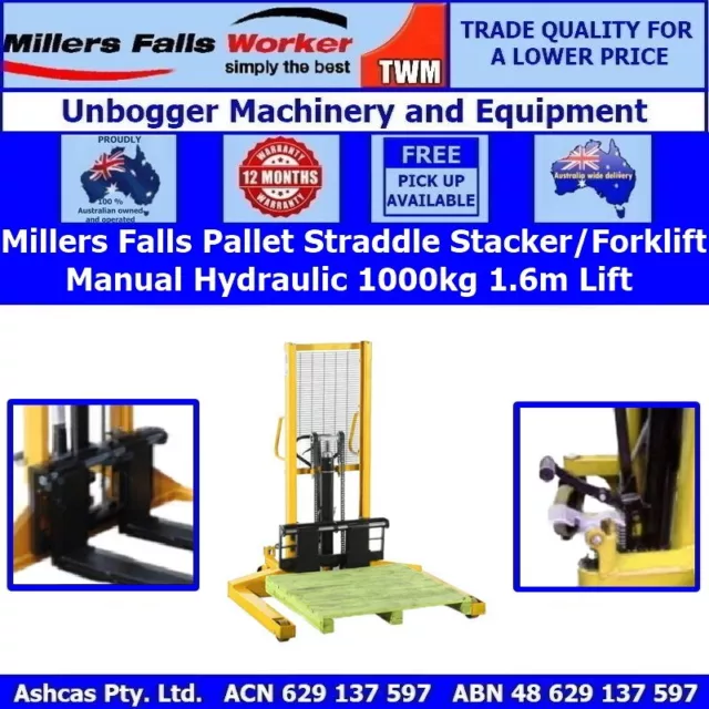 Millers Falls 1000kg Forklift Pallet Straddle Stacker Manual Hydraulic 1.6m Lift