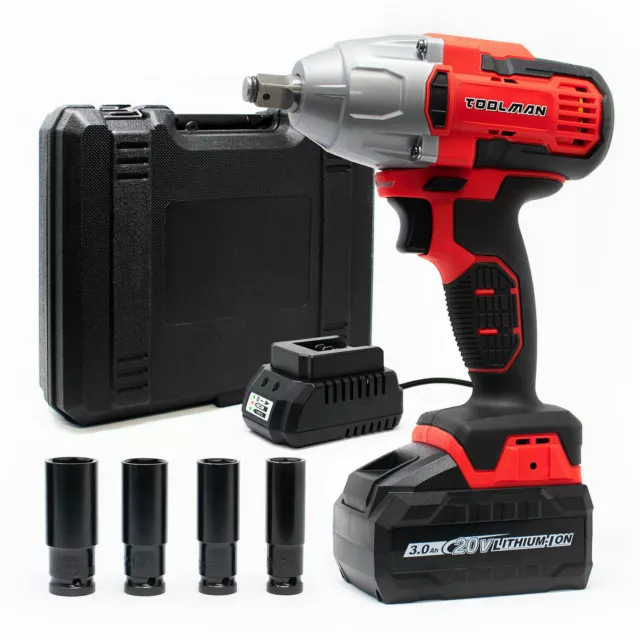 Toolman 20V Max 2200RPM 480Nm 1/2" Cordless Impact Wrench with 4PC sockets
