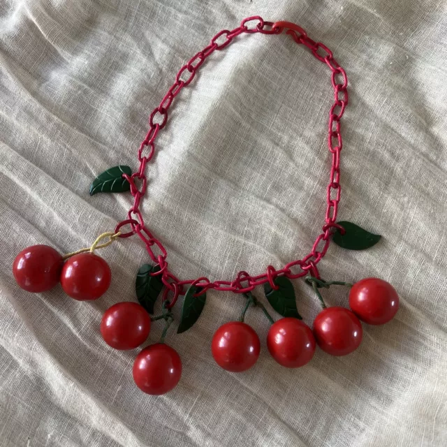 VINTAGE 1930S BAKELITE Cherry Necklace Celluloid Chain Fruit Jewelry ...