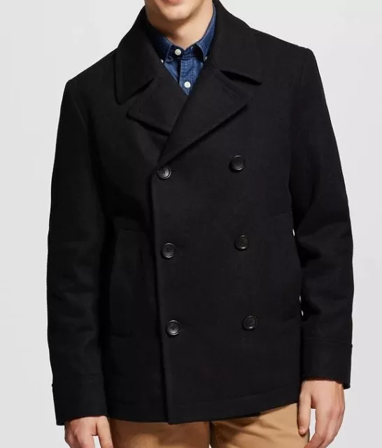 Merona Mens Black Double Breasted Wool Peacoat Jacket Winter Coat, Size Medium