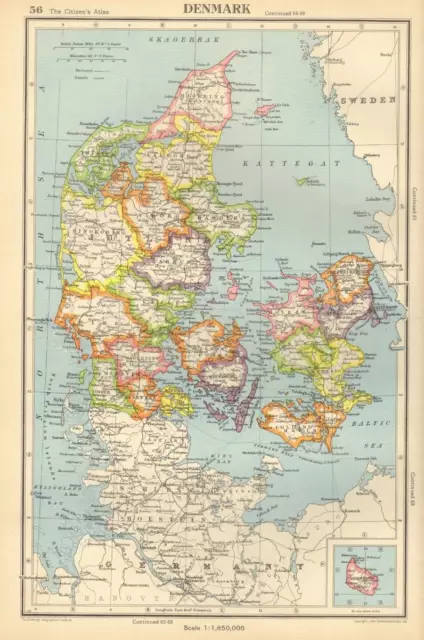 Antique Map 1947 Bartholomew Denmark,Sweden, Germany