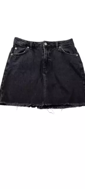 Womens Topshop Moto Denim Jean Skirt Uk Size 8 Black Stretch Mini Frayed Hem