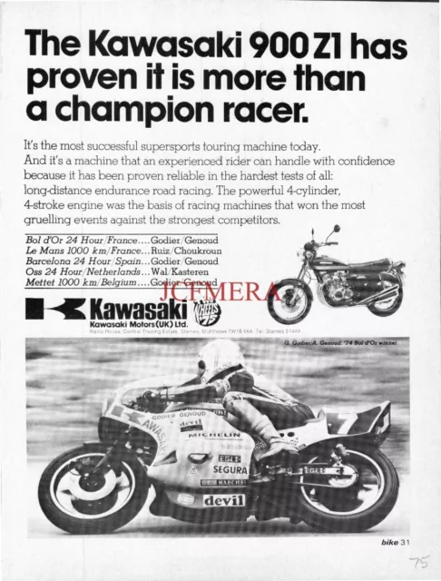 KAWASAKI '900 Z1' Motor Cycle ADVERT Original Vintage 1975 Print Ad 690/49