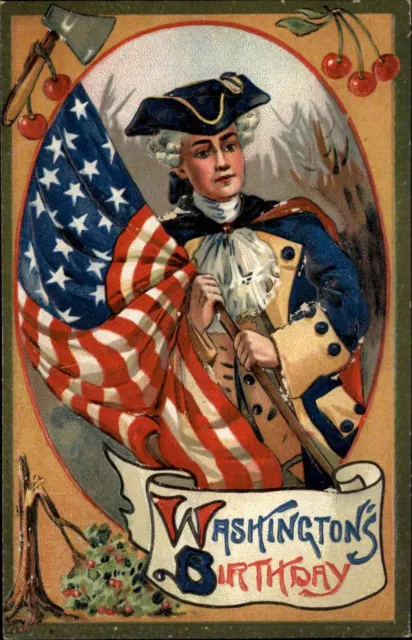 Washington's Birthday Young Washington with American Flag c1910 Postcard