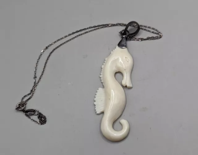 Vintage Sterling And Hand Carved White Seahorse Necklace