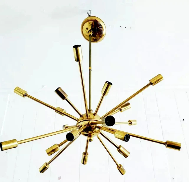 Grand Lustre Spoutnik En Laiton 16 Bras, Finition Noire, Style Mi-Siècle, Intérieur/extérieur