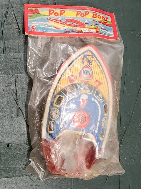Vintage Pop Pop Boat FINA Tin Litho Toy  Sealed in Bag A T Japan