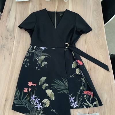 TED BAKER London Sz 5 Black Floral Skater Dress Back Zipper Faux Wrap