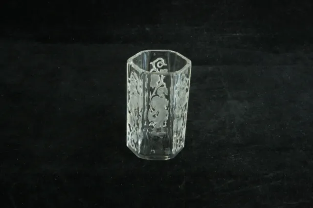 Clear Hexagon Shape Cut, Polished & Frosted Intaglio Art Glass Toothpick Holder