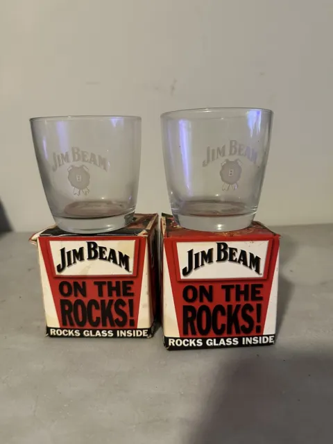 Two Vintage Jim Beam Whiskey Glass On The Rocks Glass in box