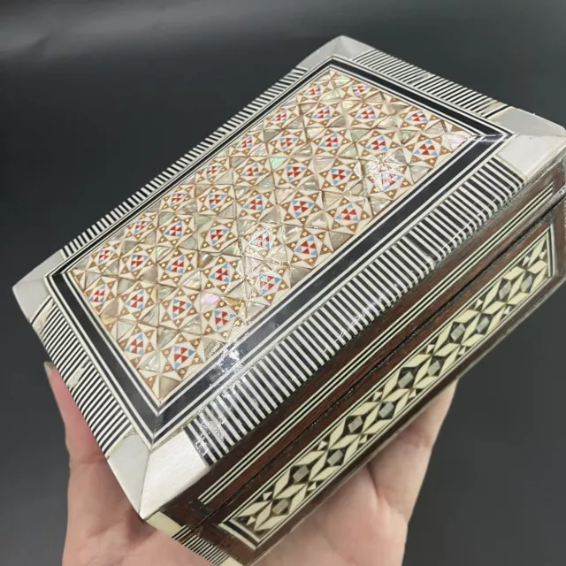 Egyptian Flower Wood Jewelry Box Micro Mosaic Mother Of Pearl Inlaid Trinket 5X4