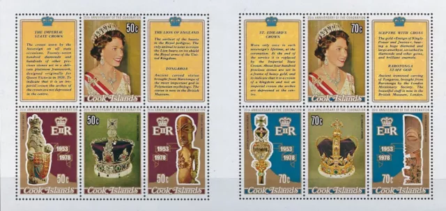 Cook Islands 1978 - 25th Anniv QEII Coronation - UNCUT 50c & 70c SHEETS - MNH