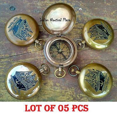 5 Pc Antique Vinatge Brass Pocket Compass 2 inch Nautical Push Button Compass