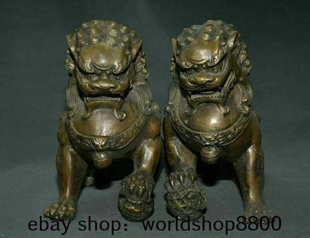 10.4" Old China Bronze Folk Fengshui Animal Foo Fu Dog Guardion Lion Pair Statue