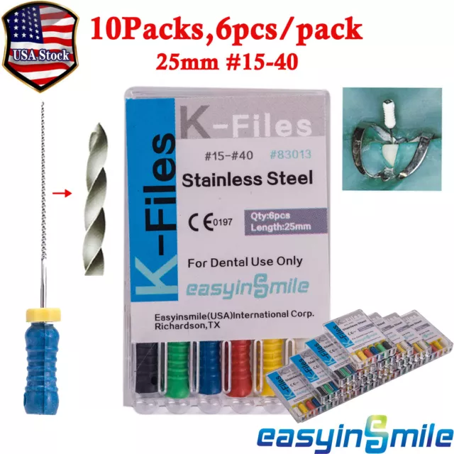 10Packs Dental Hand Use Root Canal K-Files 15-40# Stainless Endodontic File 25mm