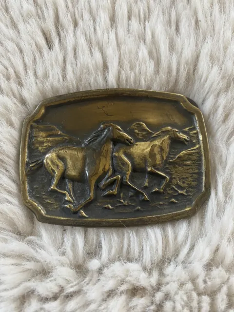 Vintage Belt Buckle BTS Wild Horses Solid Brass 1970s Made in USA
