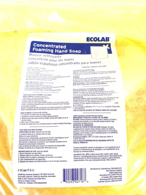 2 Gallon 7.6 Liters Bag Ecolab 1110764 Concentrated Foaming Hand Soap 19 Pounds