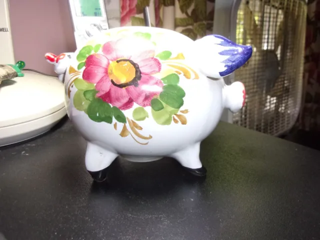Vintage Red Clay pottery piggy bank, Hand Painted floral