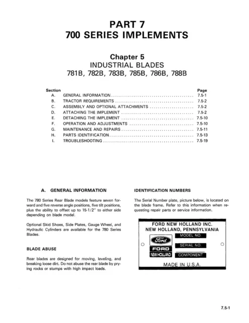 Tractor INDUSTRIAL BLADES Service Manual Ford 781B, 782B, 783B, 785B, 786B, 788B
